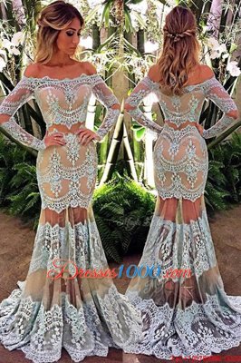 Great Mermaid Off the Shoulder White Long Sleeves Lace Floor Length Prom Party Dress
