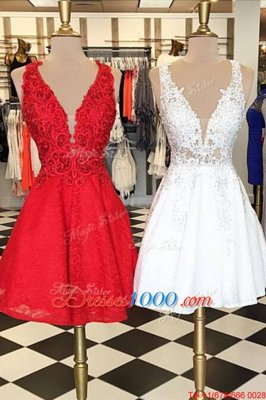 Red Sleeveless Knee Length Lace Zipper Prom Evening Gown