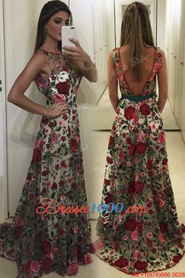 Scoop Sleeveless Sweep Train Backless Homecoming Dress Multi-color Lace