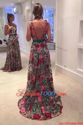 Scoop Sleeveless Sweep Train Backless Homecoming Dress Multi-color Lace