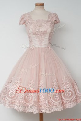 Baby Pink Tulle Zipper Square Cap Sleeves Tea Length Prom Party Dress Lace