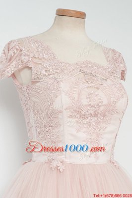 Baby Pink Tulle Zipper Square Cap Sleeves Tea Length Prom Party Dress Lace