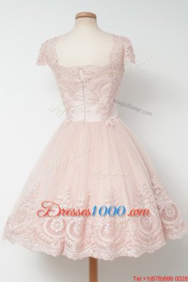 Baby Pink Tulle Zipper Square Cap Sleeves Tea Length Prom Party Dress Lace