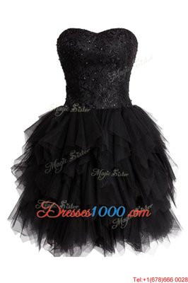 Black Sleeveless Knee Length Beading and Sequins Lace Up Prom Party Dress