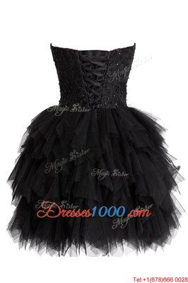 Black Sleeveless Knee Length Beading and Sequins Lace Up Prom Party Dress