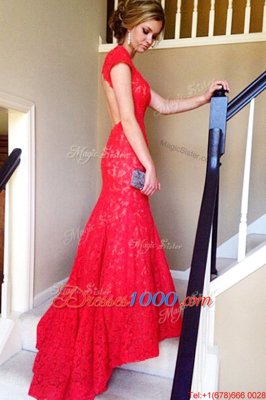 Cheap Mermaid Red Lace Backless Prom Party Dress Short Sleeves Sweep Train Lace