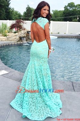 Cheap Mermaid Red Lace Backless Prom Party Dress Short Sleeves Sweep Train Lace