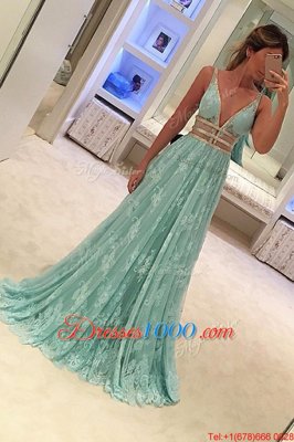 Glorious Lace Sleeveless Sweep Train Beading Zipper Prom Evening Gown