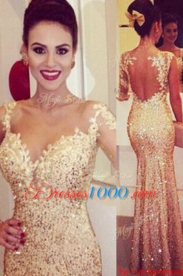 Fantastic Mermaid Lace and Appliques and Sequins Prom Dress Gold Backless Long Sleeves Floor Length