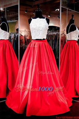 Red Sleeveless Lace and Ruching Floor Length Prom Dress