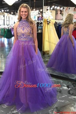 Lavender A-line Tulle Scoop Sleeveless Beading Floor Length Backless Homecoming Dress