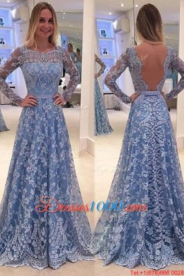 Scoop Long Sleeves Lace Sweep Train Backless Dress for Prom in Blue for with Lace