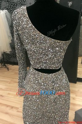 Silver A-line One Shoulder Long Sleeves Sequined With Train Sweep Train Zipper Beading Evening Wear