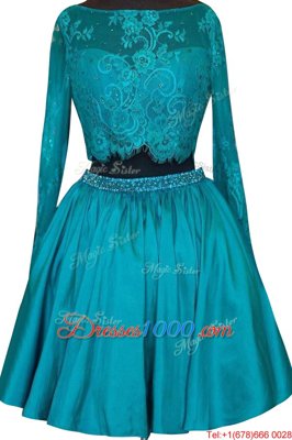 Teal Bateau Neckline Beading and Lace Long Sleeves Zipper