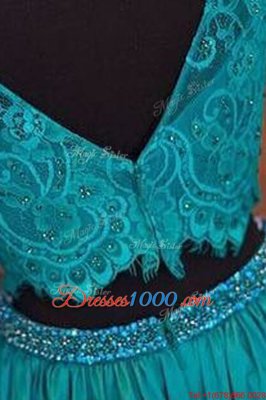 Teal Bateau Neckline Beading and Lace Long Sleeves Zipper