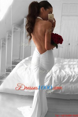 Sweep Train Mermaid Dress for Prom White Halter Top Chiffon Sleeveless Backless