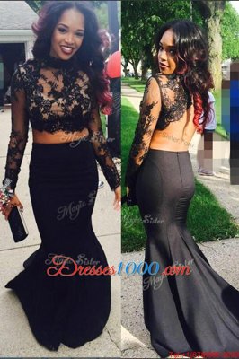 Mermaid Black Prom Dress Prom and For with Appliques Scoop Long Sleeves Sweep Train Zipper