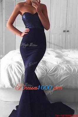 Navy Blue Mermaid Elastic Woven Satin Sweetheart Sleeveless Sequins With Train Zipper Sweep Train