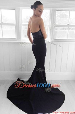 Navy Blue Mermaid Elastic Woven Satin Sweetheart Sleeveless Sequins With Train Zipper Sweep Train