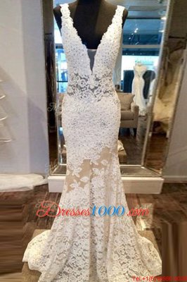 Lovely Mermaid Lace Sleeveless Sweep Train Zipper Beading Evening Gowns