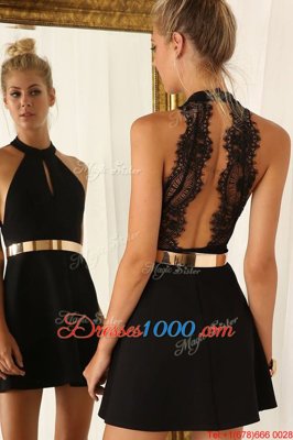 Deluxe Black A-line Satin Halter Top Sleeveless Belt Mini Length Backless Dress for Prom