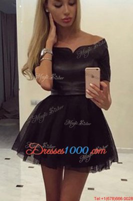 Off the Shoulder Short Sleeves Tulle Mini Length Zipper Prom Gown in Black for with Ruching