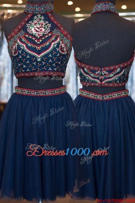 Captivating Knee Length Navy Blue Homecoming Dress Tulle Sleeveless Embroidery
