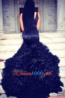 Graceful Mermaid Ruffles Prom Dress Navy Blue Zipper Sleeveless Sweep Train