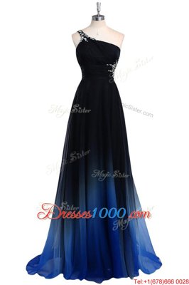 Vintage One Shoulder Sleeveless Chiffon Floor Length Criss Cross Prom Dress in Navy Blue for with Beading