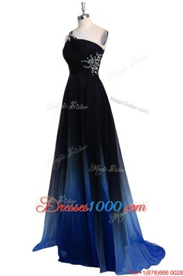 Vintage One Shoulder Sleeveless Chiffon Floor Length Criss Cross Prom Dress in Navy Blue for with Beading