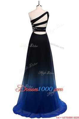Vintage One Shoulder Sleeveless Chiffon Floor Length Criss Cross Prom Dress in Navy Blue for with Beading