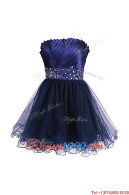 Knee Length Navy Blue Prom Dress Satin and Tulle Sleeveless Beading and Sashes|ribbons