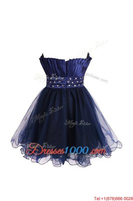 Knee Length Navy Blue Prom Dress Satin and Tulle Sleeveless Beading and Sashes|ribbons