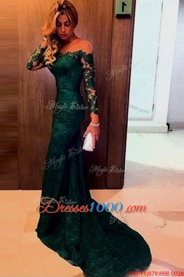 Latest Mermaid Off the Shoulder Dark Green Lace Zipper Prom Evening Gown Long Sleeves Sweep Train Lace