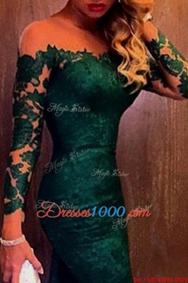 Latest Mermaid Off the Shoulder Dark Green Lace Zipper Prom Evening Gown Long Sleeves Sweep Train Lace