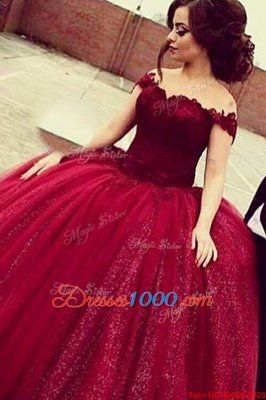 On Sale Wine Red A-line Sequined Off The Shoulder Short Sleeves Lace Floor Length Zipper