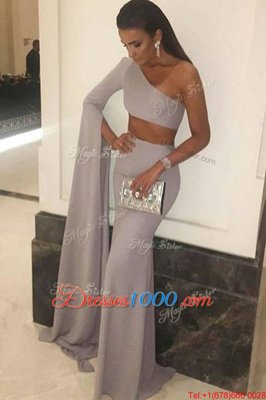 Mermaid Silver One Shoulder Side Zipper Ruching Prom Dresses Long Sleeves