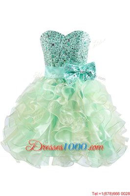 Best Green Ball Gowns Beading and Bowknot Prom Gown Lace Up Organza Sleeveless Knee Length