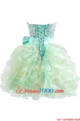 Best Green Ball Gowns Beading and Bowknot Prom Gown Lace Up Organza Sleeveless Knee Length