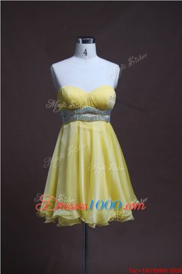 Light Yellow Backless Prom Dress Beading Sleeveless Mini Length