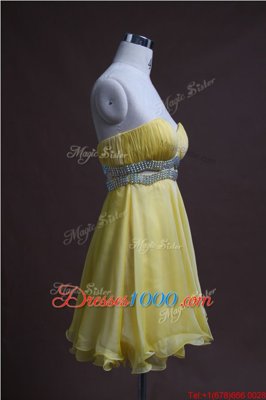 Light Yellow Backless Prom Dress Beading Sleeveless Mini Length