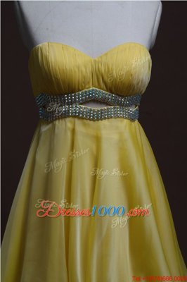 Light Yellow Backless Prom Dress Beading Sleeveless Mini Length