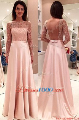 With Train A-line Long Sleeves Pink Prom Party Dress Sweep Train Backless