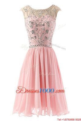 Pink A-line Chiffon Scoop Sleeveless Beading Tea Length Zipper Party Dresses