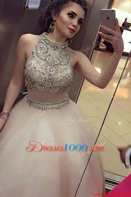 Glittering High-neck Sleeveless Tulle Prom Evening Gown Beading Zipper