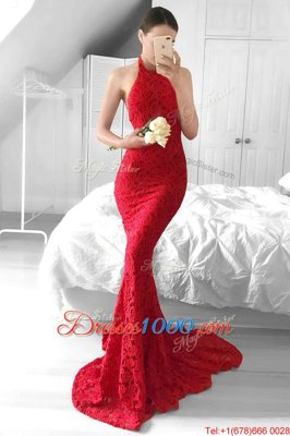 Mermaid Halter Top Backless Prom Gown Red and In for Prom with Lace Sweep Train