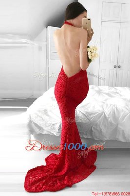 Mermaid Halter Top Backless Prom Gown Red and In for Prom with Lace Sweep Train