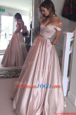 Top Selling Off The Shoulder Short Sleeves Dress for Prom Floor Length Beading Pink Satin