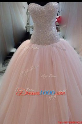 Decent Sequins Ball Gowns Homecoming Dress Pink Sweetheart Tulle Sleeveless Floor Length Zipper