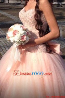 Decent Sequins Ball Gowns Homecoming Dress Pink Sweetheart Tulle Sleeveless Floor Length Zipper